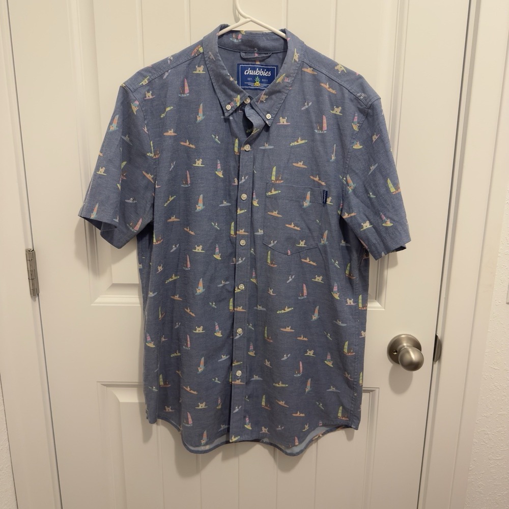 Chubbies Men's Blue Chambray Surf Graphic Print Button-Down Shirt Size Large